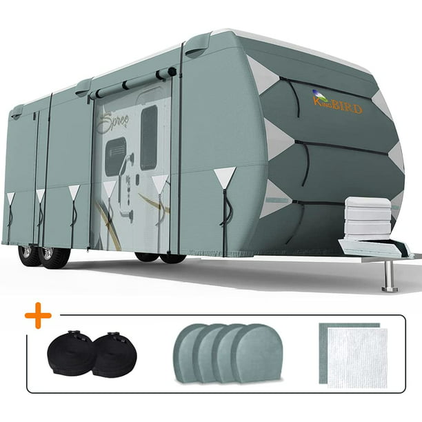 Breathable & Weatherproof RV Storage Cover with 4-Ply Poly Fabric Extra Travel Trailer RV Cover Fits 27-30ft Long RVs 